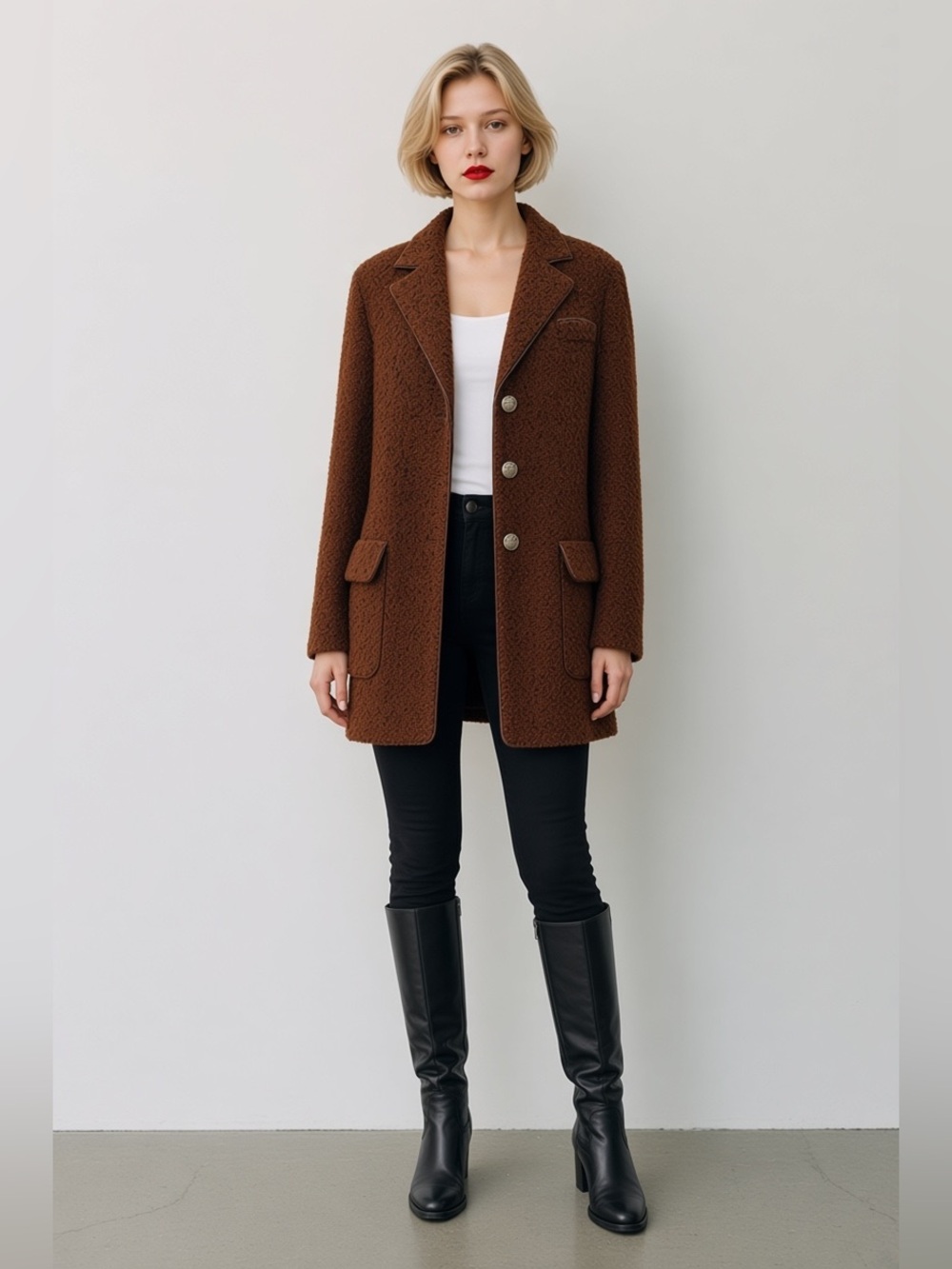 Chanel Boutique 97A Brown Boucle Long Blazer Jacket Size 40
